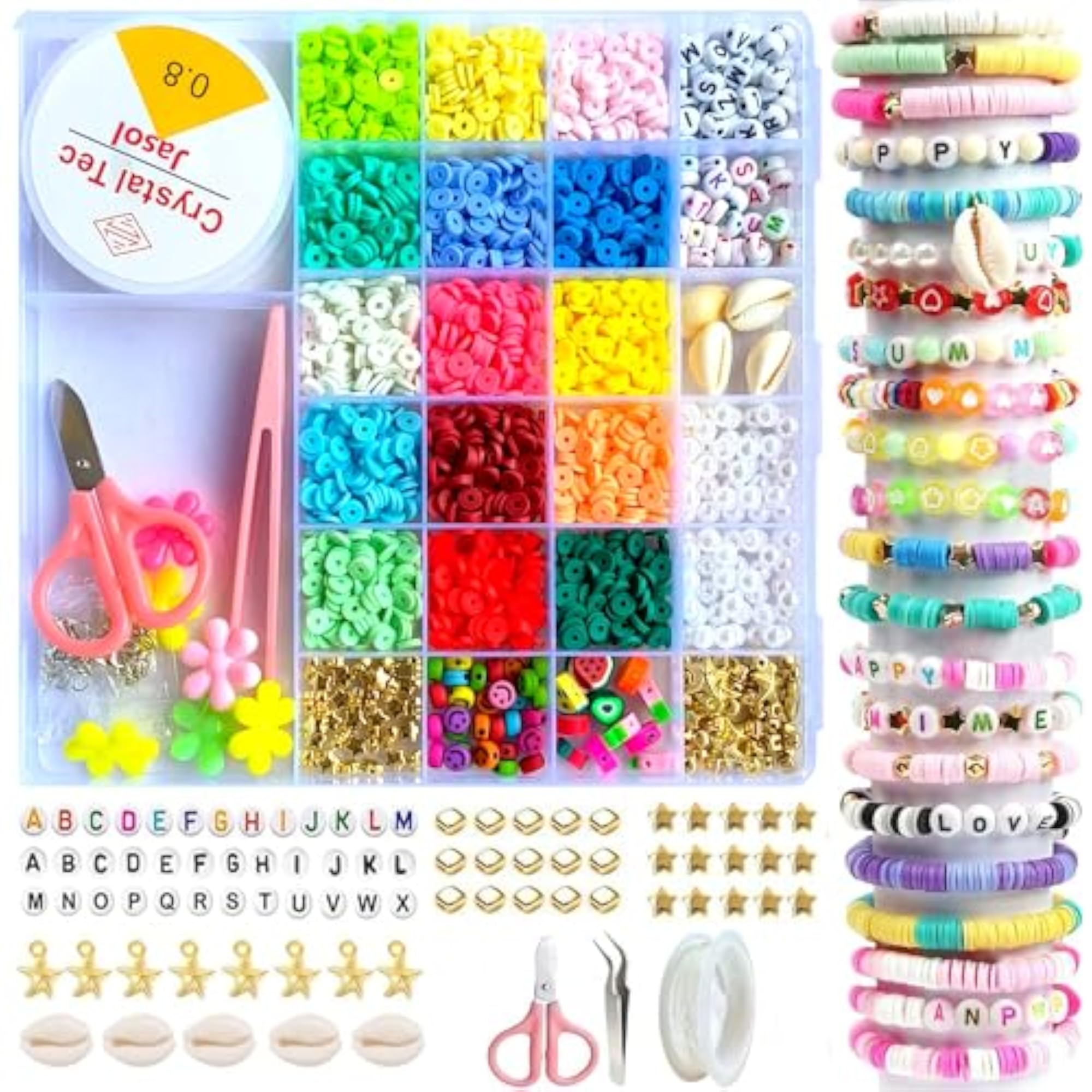 Rainbow Beads Kit, Flat Heishi & Flower Polymer Clay Beads for DIY Bracelets